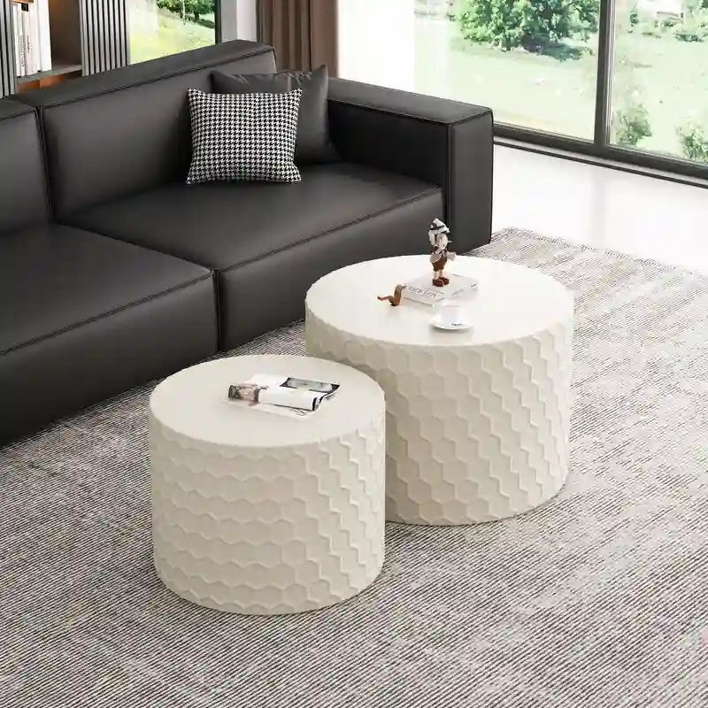 Stylish and Minimalist Nesting Coffee Table Set with Honeycomb Design, Modern Round Coffee Table, Drum Circle Coffee Table
