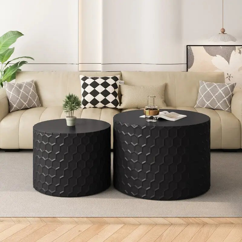 Stylish and Minimalist Nesting Coffee Table Set with Honeycomb Design, Modern Round Coffee Table, Drum Circle Coffee Table