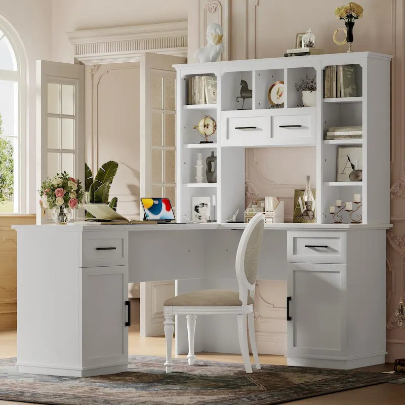 L-Shaped Computer Desk with 11 Open Shelves and Power Outlet