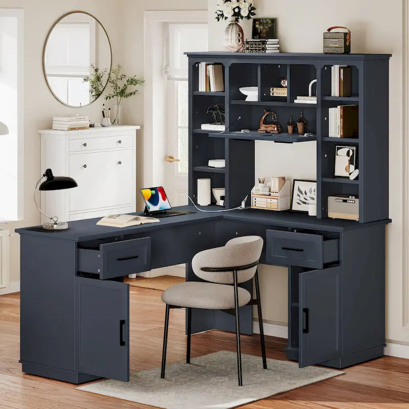 L-Shaped Computer Desk with 11 Open Shelves and Power Outlet