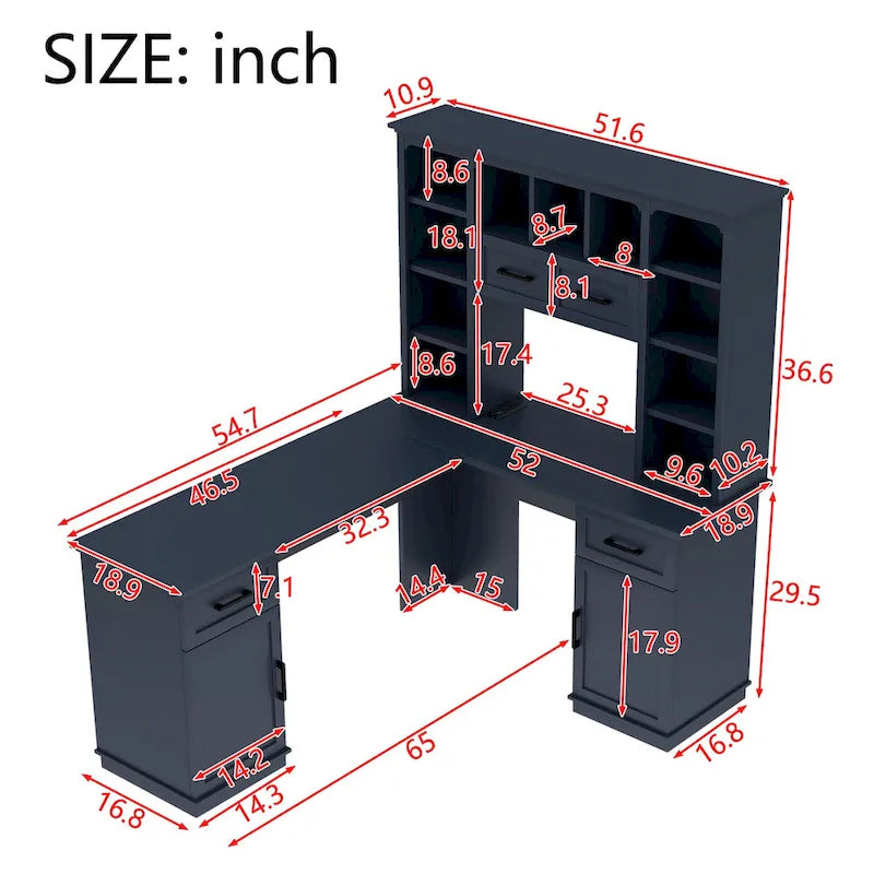L-Shaped Computer Desk with 11 Open Shelves and Power Outlet