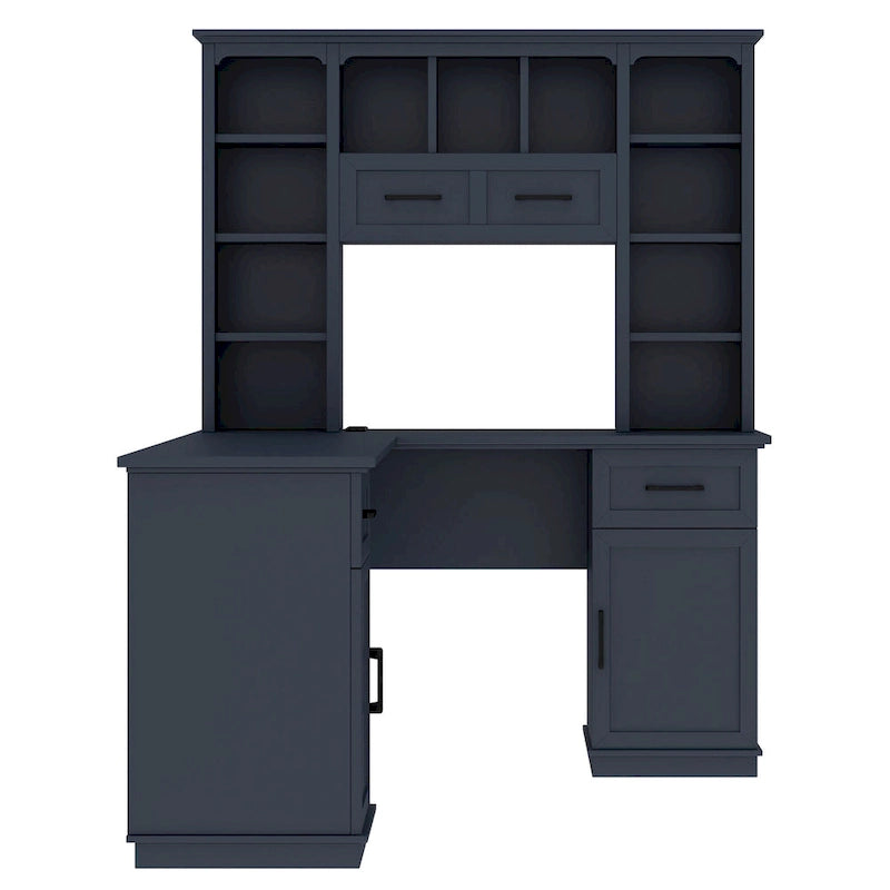 L-Shaped Computer Desk with 11 Open Shelves and Power Outlet