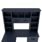 L-Shaped Computer Desk with 11 Open Shelves and Power Outlet