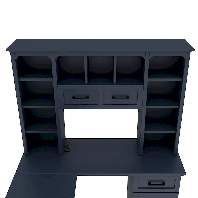L-Shaped Computer Desk with 11 Open Shelves and Power Outlet