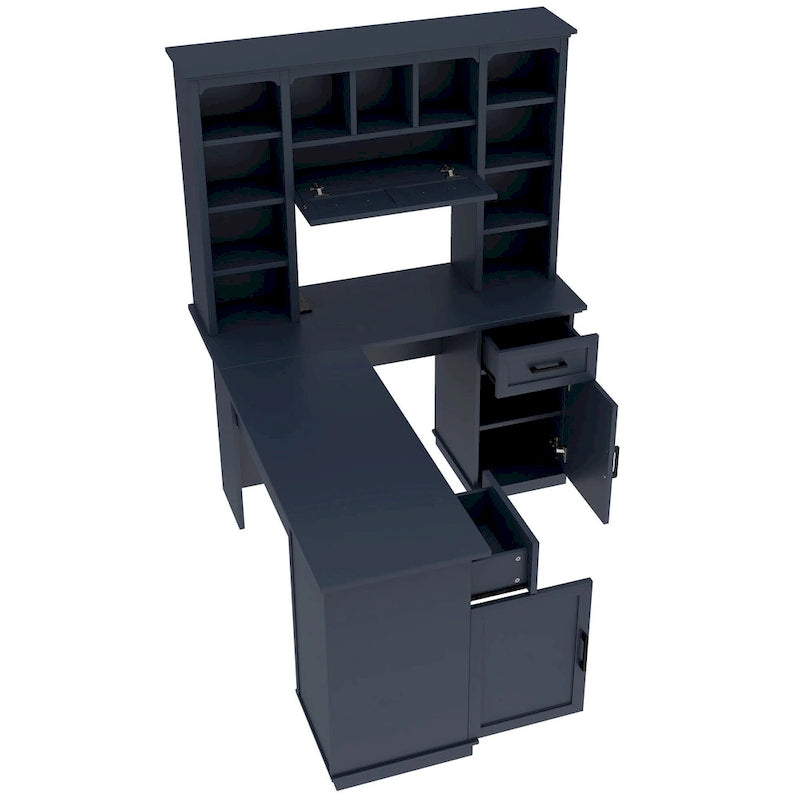 L-Shaped Computer Desk with 11 Open Shelves and Power Outlet