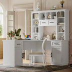 L-Shaped Computer Desk with 11 Open Shelves and Power Outlet