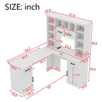 L-Shaped Computer Desk with 11 Open Shelves and Power Outlet