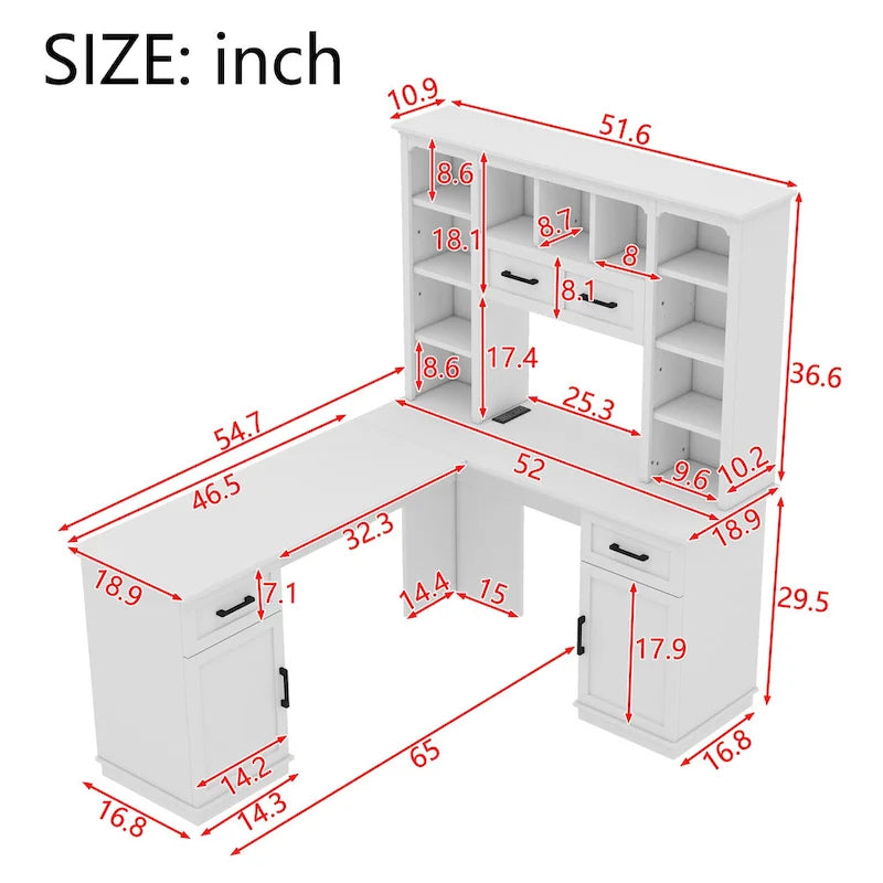 L-Shaped Computer Desk with 11 Open Shelves and Power Outlet