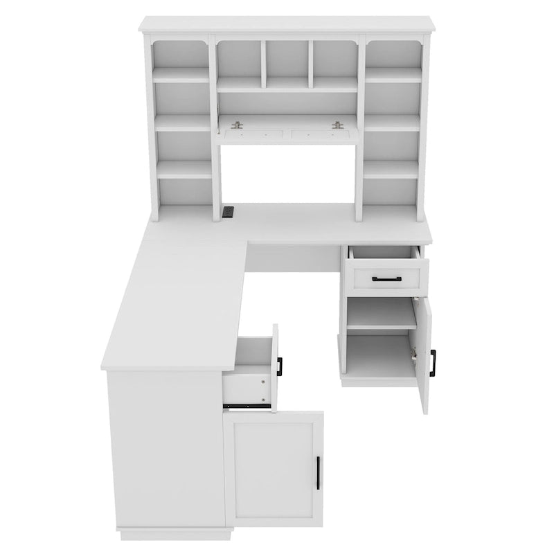 L-Shaped Computer Desk with 11 Open Shelves and Power Outlet