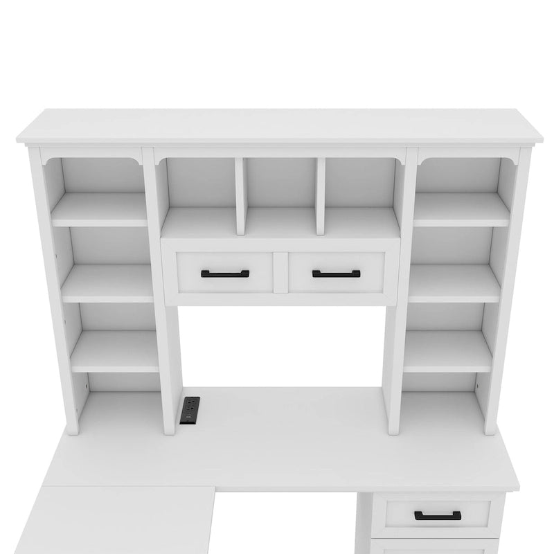 L-Shaped Computer Desk with 11 Open Shelves and Power Outlet