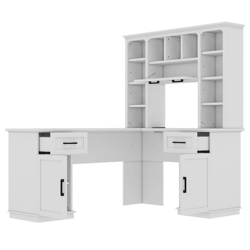 L-Shaped Computer Desk with 11 Open Shelves and Power Outlet