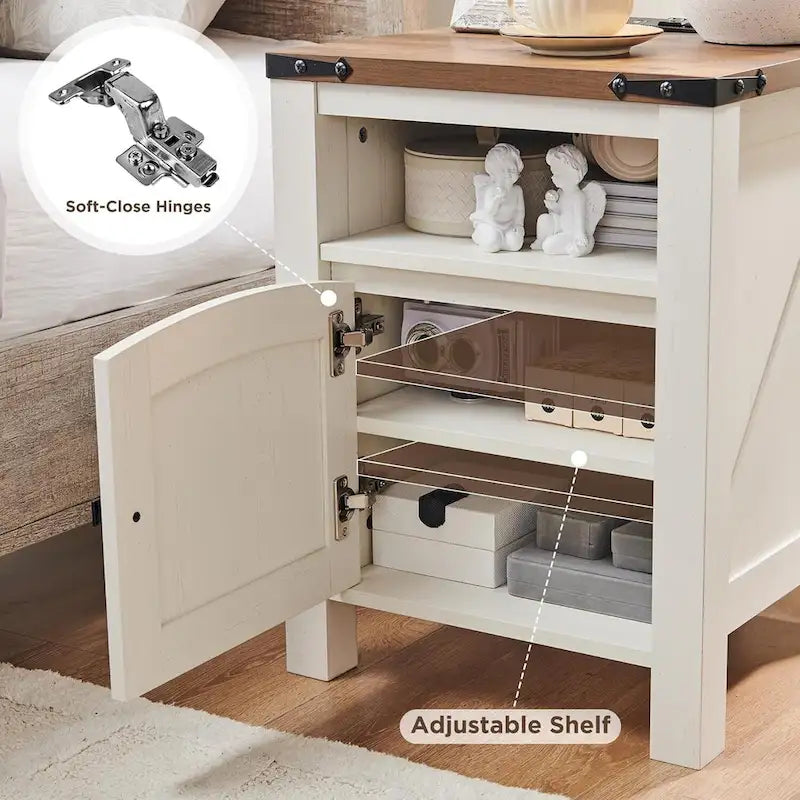 Farmhouse Nightstand with Charging Station, Wood End Table, Side Table