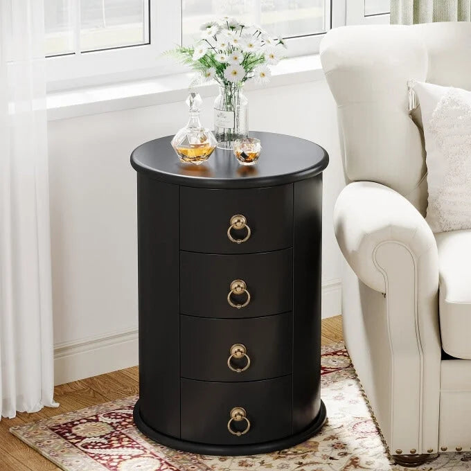No Assembly Round Solid Wood End Table, Small Side Table with Drawers