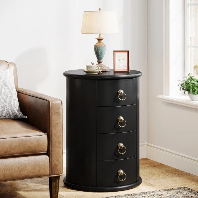No Assembly Round Solid Wood End Table, Small Side Table with Drawers