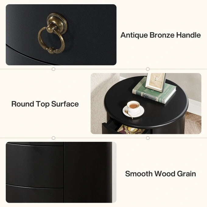 No Assembly Round Solid Wood End Table, Small Side Table with Drawers