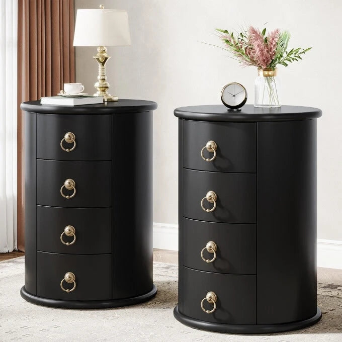 No Assembly Round Solid Wood End Table, Small Side Table with Drawers