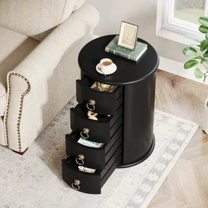 No Assembly Round Solid Wood End Table, Small Side Table with Drawers