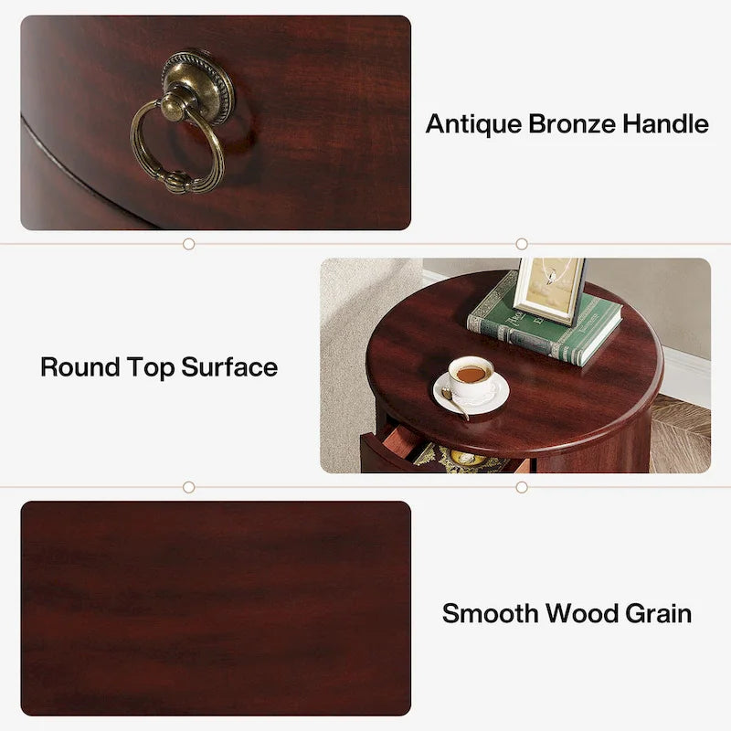 No Assembly Round Solid Wood End Table, Small Side Table with Drawers