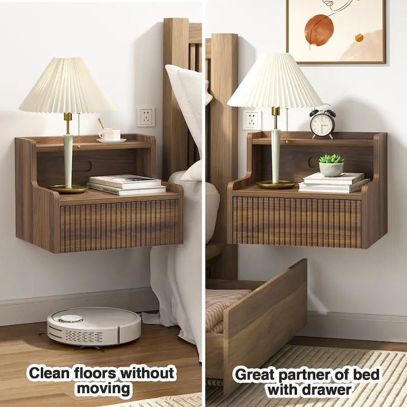 Anmytek Set of 2 Modern Floating Bedroom Nightstand with Storage Drawer and Open Shelf