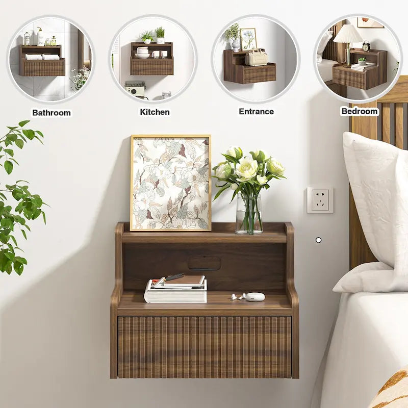 Anmytek Set of 2 Modern Floating Bedroom Nightstand with Storage Drawer and Open Shelf