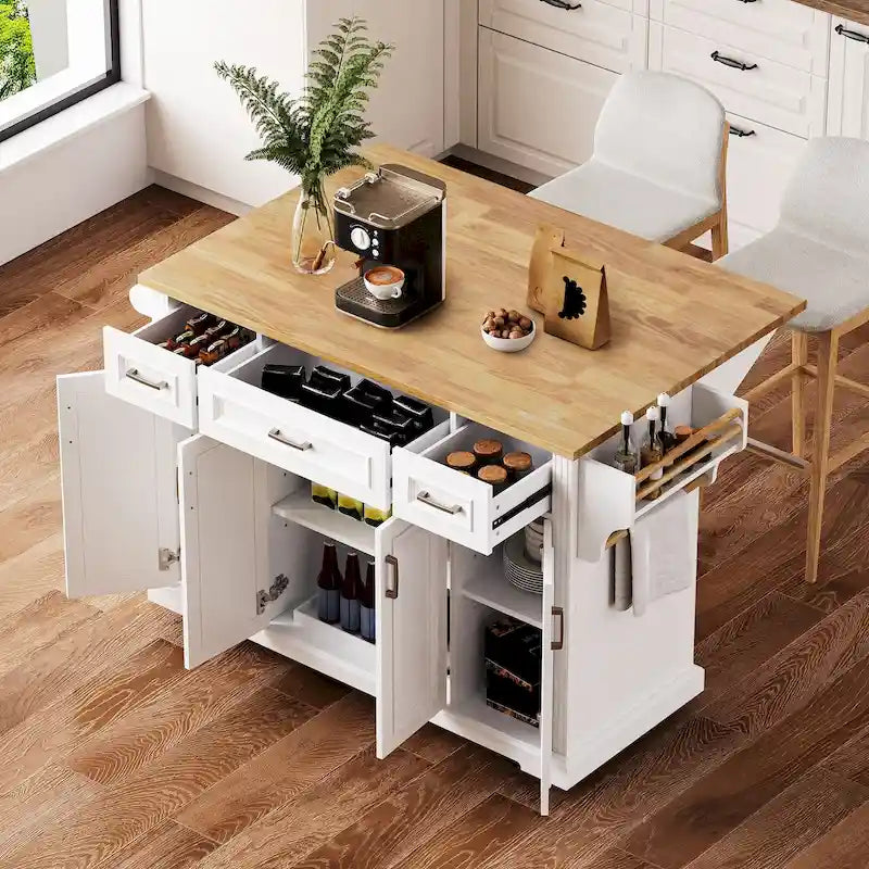 53 Kitchen Island With Drop Leaf, Kitchen Island On Wheels with Storage, Rolling Kitchen Table, Mobile Kitchen Cart