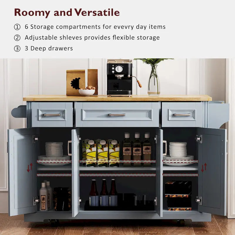 53 Kitchen Island With Drop Leaf, Kitchen Island On Wheels with Storage, Rolling Kitchen Table, Mobile Kitchen Cart