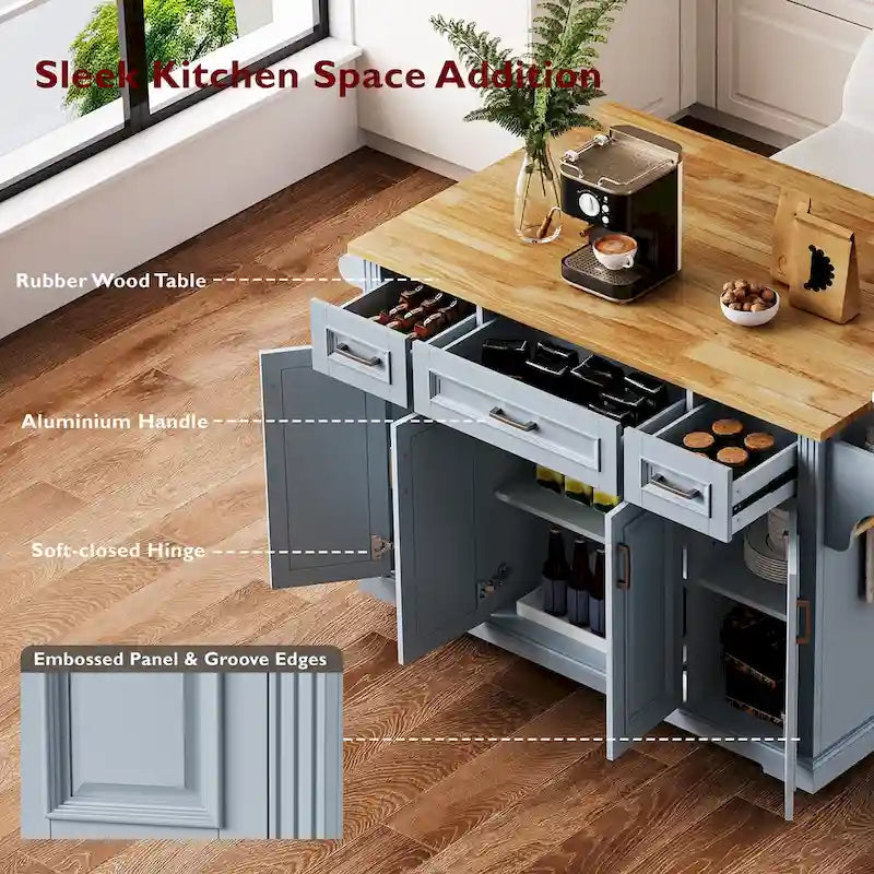 53 Kitchen Island With Drop Leaf, Kitchen Island On Wheels with Storage, Rolling Kitchen Table, Mobile Kitchen Cart