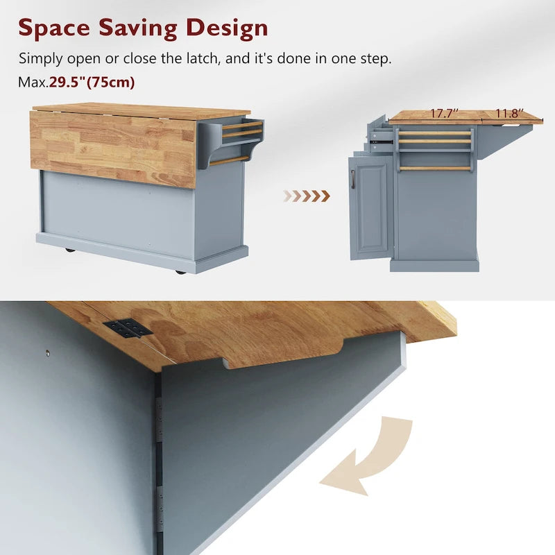 53 Kitchen Island With Drop Leaf, Kitchen Island On Wheels with Storage, Rolling Kitchen Table, Mobile Kitchen Cart