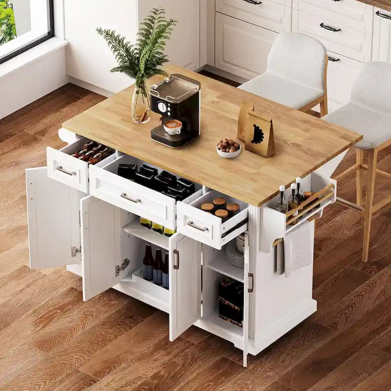 53 Kitchen Island With Drop Leaf, Kitchen Island On Wheels with Storage, Rolling Kitchen Table, Mobile Kitchen Cart