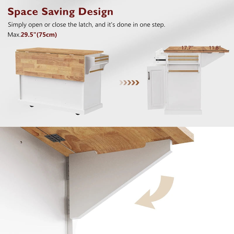 53 Kitchen Island With Drop Leaf, Kitchen Island On Wheels with Storage, Rolling Kitchen Table, Mobile Kitchen Cart