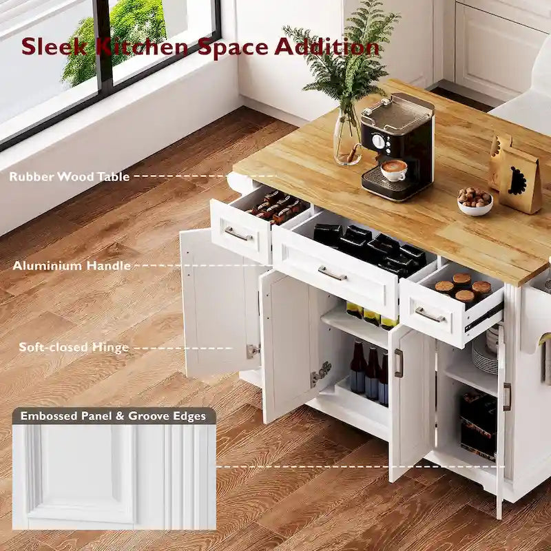 53 Kitchen Island With Drop Leaf, Kitchen Island On Wheels with Storage, Rolling Kitchen Table, Mobile Kitchen Cart