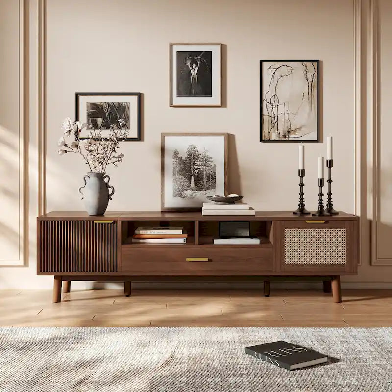 Dark Brown Solid Wood TV Stand for 75 TVsTV Console with Soft-Closing Door and Drop-Down Door Cabinet