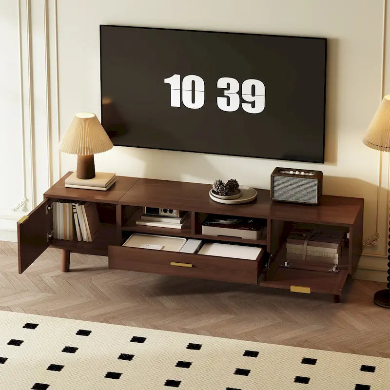 Dark Brown Solid Wood TV Stand for 75 TVsTV Console with Soft-Closing Door and Drop-Down Door Cabinet