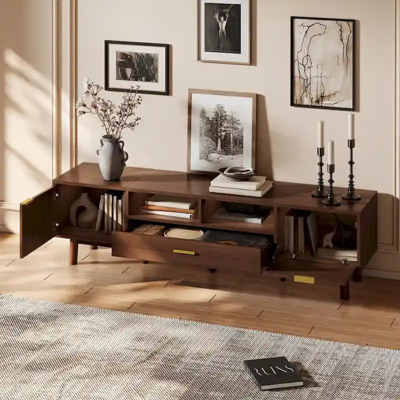 Dark Brown Solid Wood TV Stand for 75 TVsTV Console with Soft-Closing Door and Drop-Down Door Cabinet