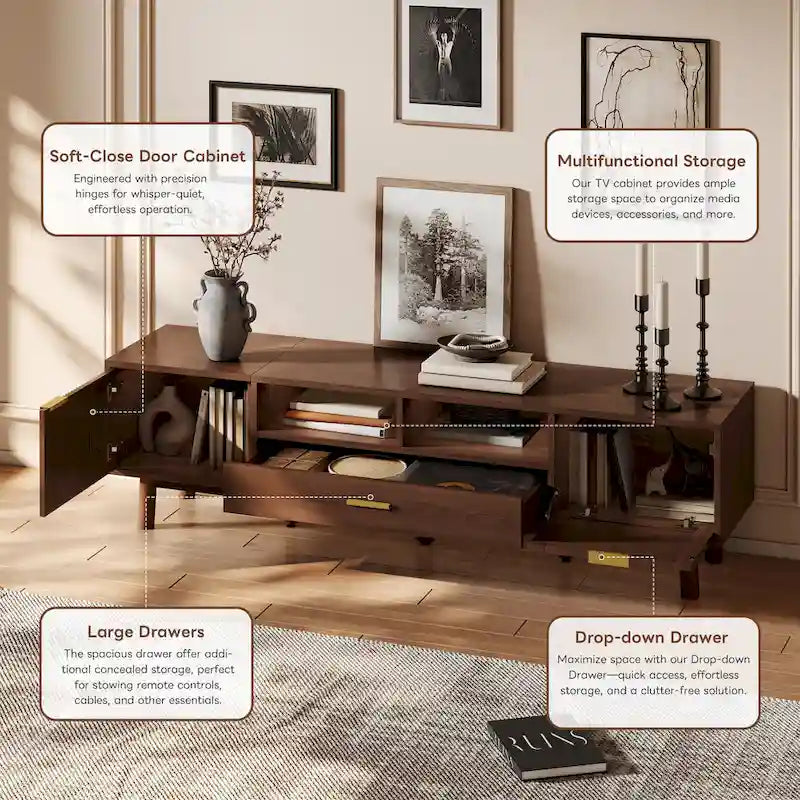 Dark Brown Solid Wood TV Stand for 75 TVsTV Console with Soft-Closing Door and Drop-Down Door Cabinet