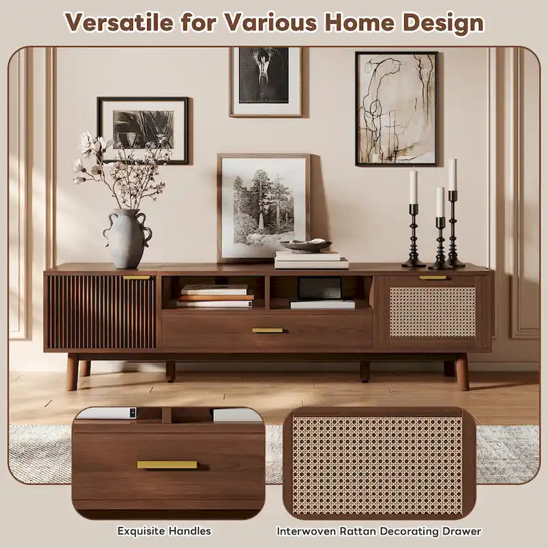 Dark Brown Solid Wood TV Stand for 75 TVsTV Console with Soft-Closing Door and Drop-Down Door Cabinet