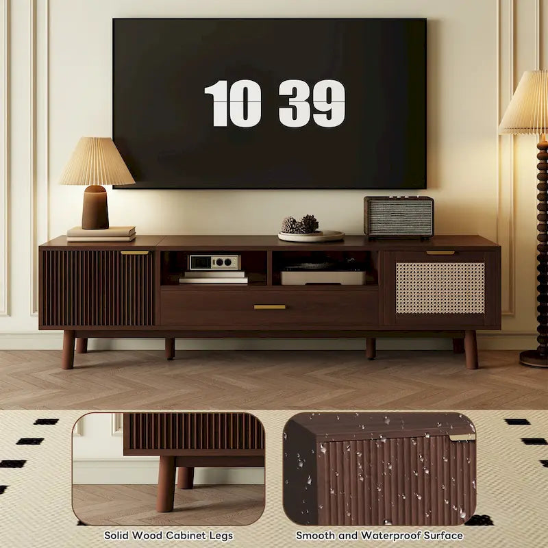 Dark Brown Solid Wood TV Stand for 75 TVsTV Console with Soft-Closing Door and Drop-Down Door Cabinet