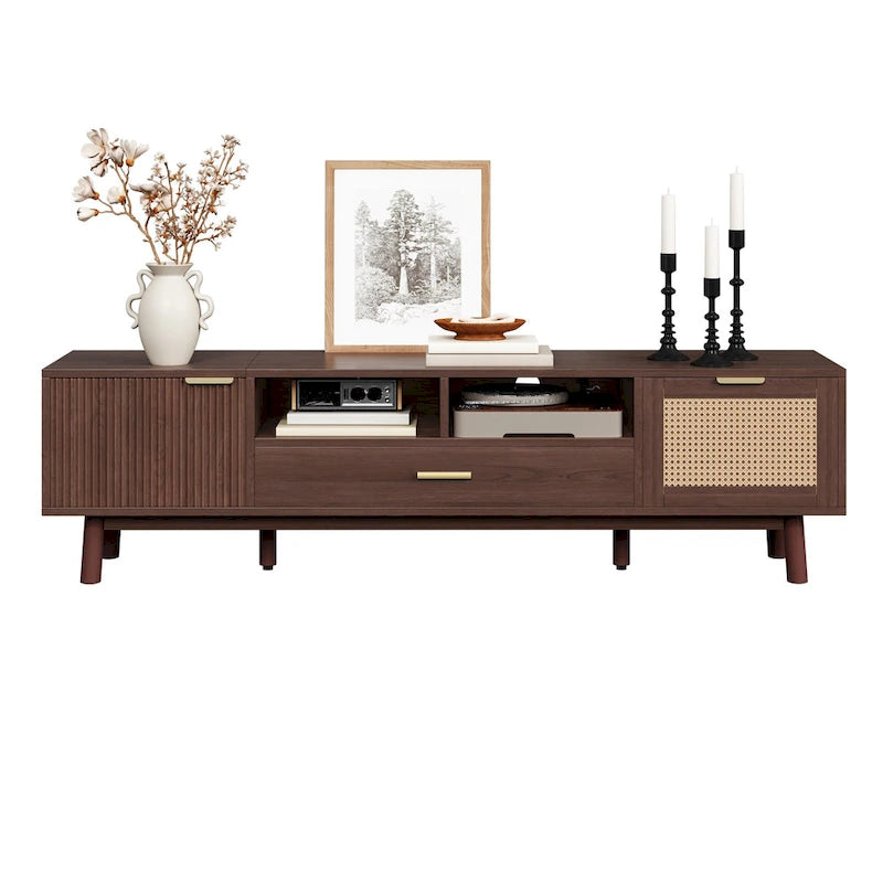 Dark Brown Solid Wood TV Stand for 75 TVsTV Console with Soft-Closing Door and Drop-Down Door Cabinet