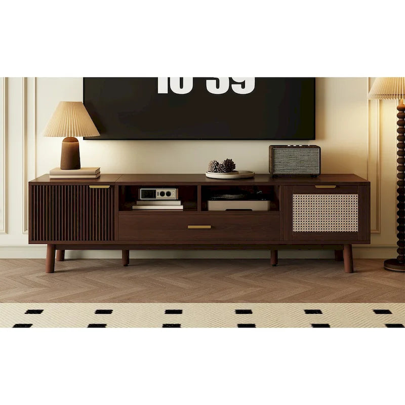 Dark Brown Solid Wood TV Stand for 75 TVsTV Console with Soft-Closing Door and Drop-Down Door Cabinet