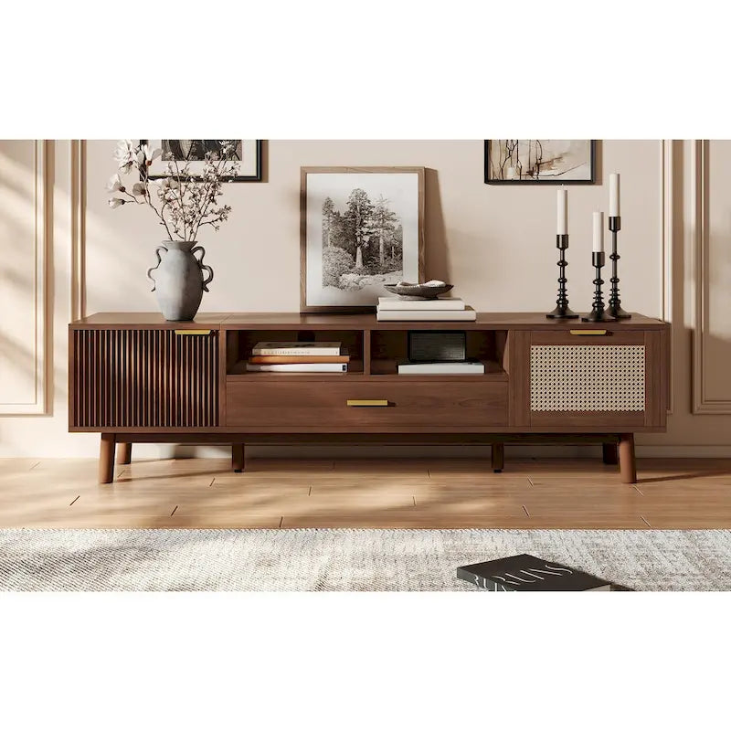 Dark Brown Solid Wood TV Stand for 75 TVsTV Console with Soft-Closing Door and Drop-Down Door Cabinet