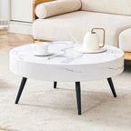 Modern Marble Pattern Round Coffee Table with Black Metal Legs and Adjustable Table Feet, for Living Room