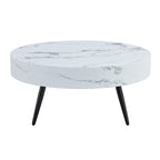 Modern Marble Pattern Round Coffee Table with Black Metal Legs and Adjustable Table Feet, for Living Room