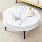 Modern Marble Pattern Round Coffee Table with Black Metal Legs and Adjustable Table Feet, for Living Room