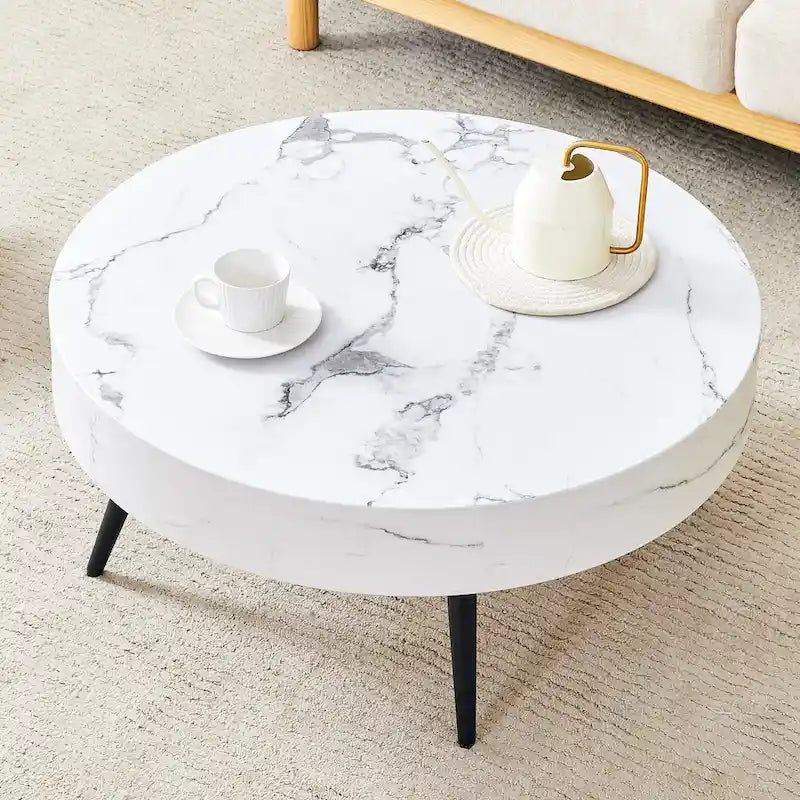 Modern Marble Pattern Round Coffee Table with Black Metal Legs and Adjustable Table Feet, for Living Room