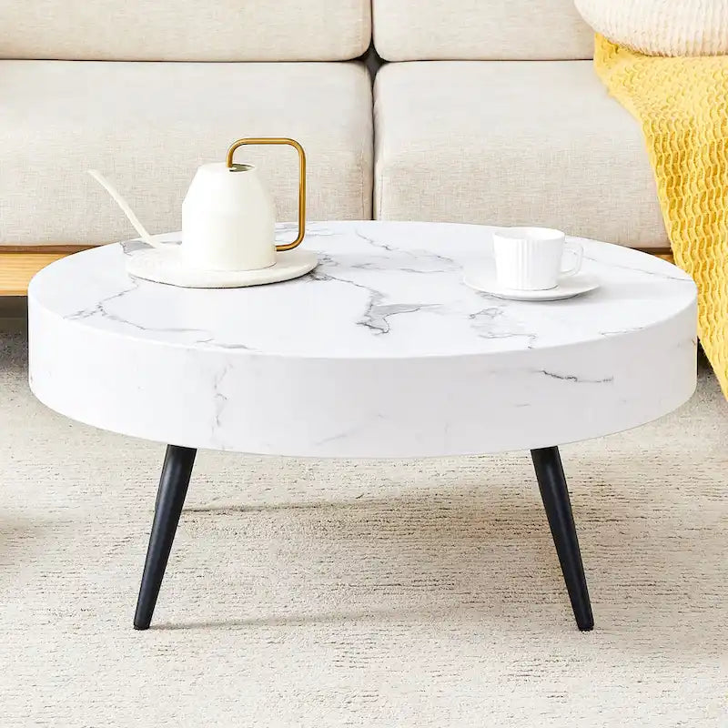 Modern Marble Pattern Round Coffee Table with Black Metal Legs and Adjustable Table Feet, for Living Room