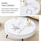 Modern Marble Pattern Round Coffee Table with Black Metal Legs and Adjustable Table Feet, for Living Room
