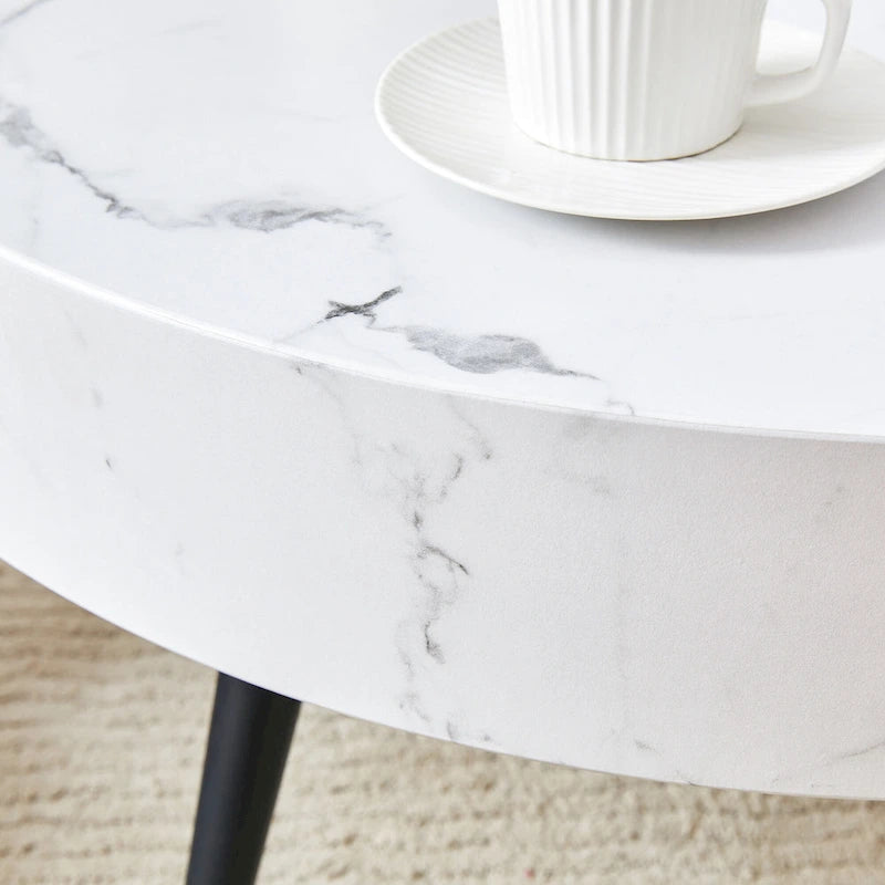 Modern Marble Pattern Round Coffee Table with Black Metal Legs and Adjustable Table Feet, for Living Room