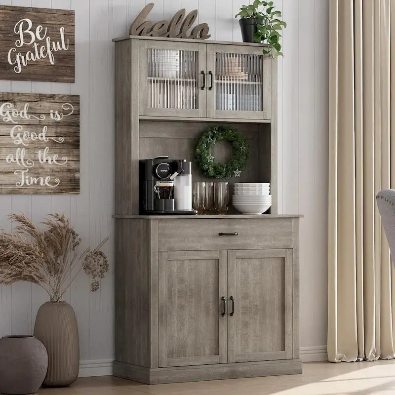 Kitchen Pantry Cabinet, 71 Tall Kitchen Hutch Storage Cabinet with Microwave Stand, Freestanding Buffet Cabinet For Home