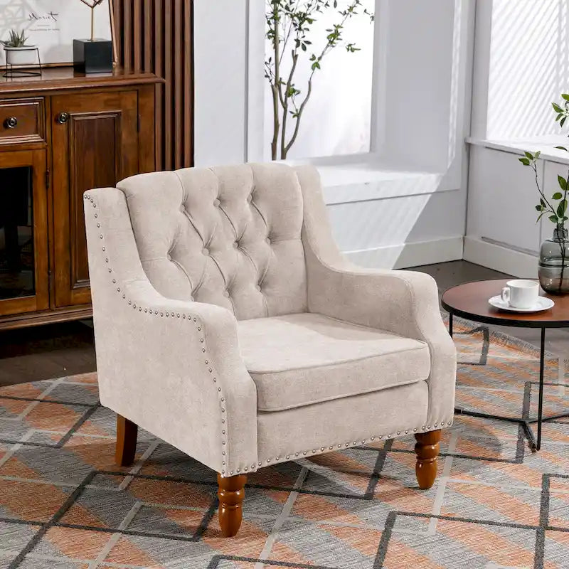 Linen Upholstered Accent Chair with Solid Wood Legs,Mid-Century Modern Single Lounge Sofa Chair for Living Room and Bedroom