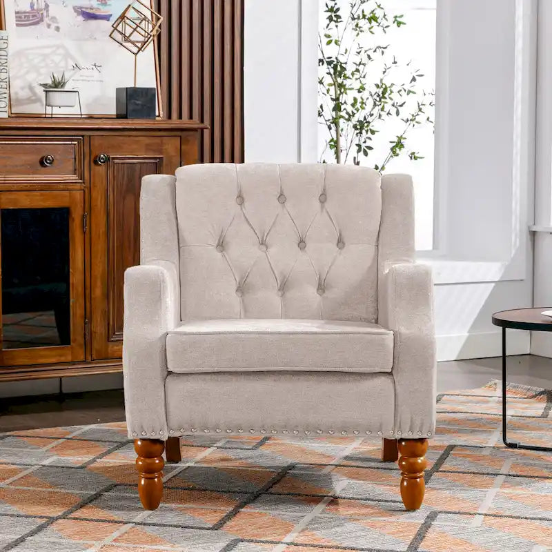 Linen Upholstered Accent Chair with Solid Wood Legs,Mid-Century Modern Single Lounge Sofa Chair for Living Room and Bedroom
